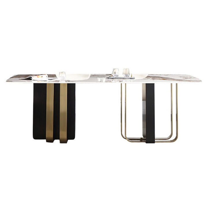 Luxury Sintered Stone Top Dining Table Rectangle Table with Double Pedestal in Black and Gold