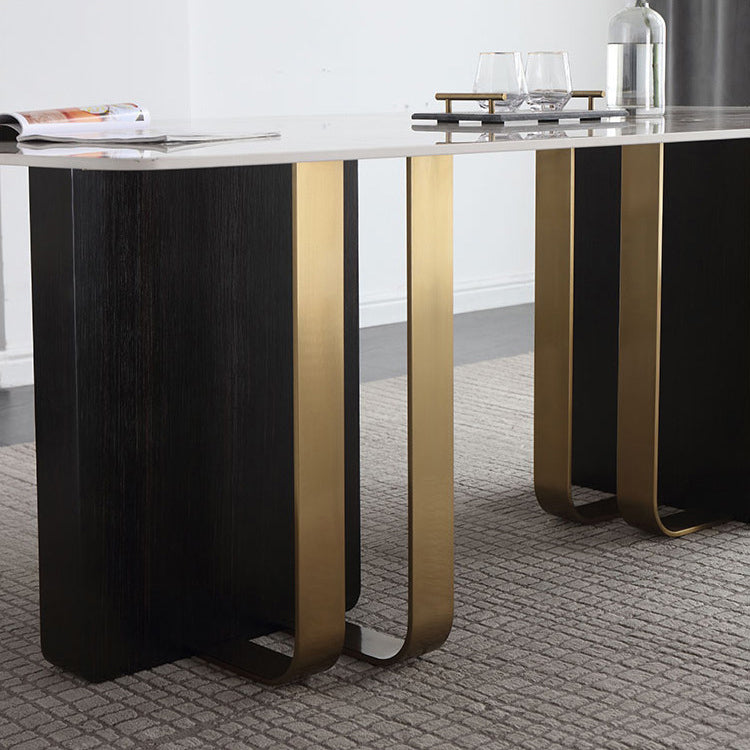 Luxury Sintered Stone Top Dining Table Rectangle Table with Double Pedestal in Black and Gold