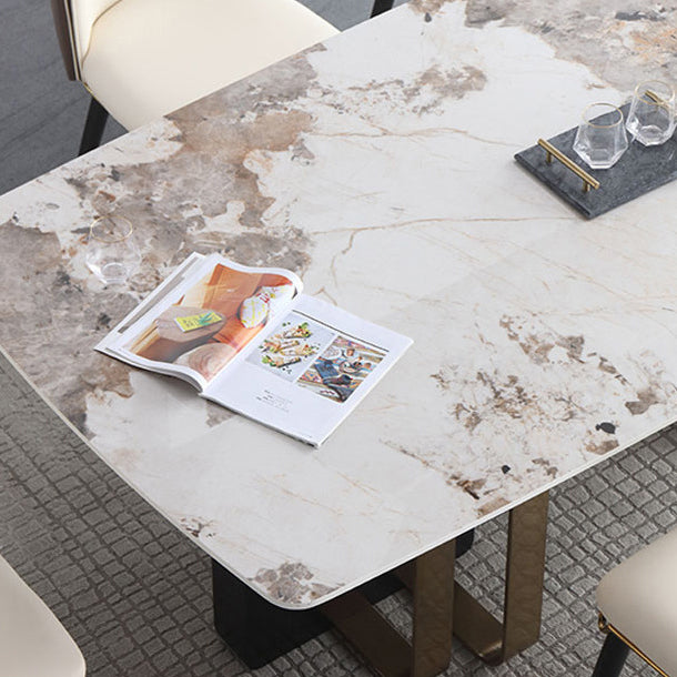 Luxury Sintered Stone Top Dining Table Rectangle Table with Double Pedestal in Black and Gold