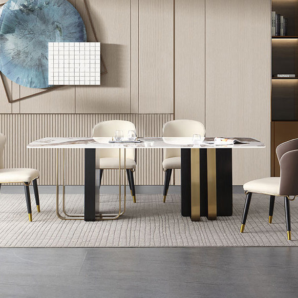 Luxury Sintered Stone Top Dining Table Rectangle Table with Double Pedestal in Black and Gold