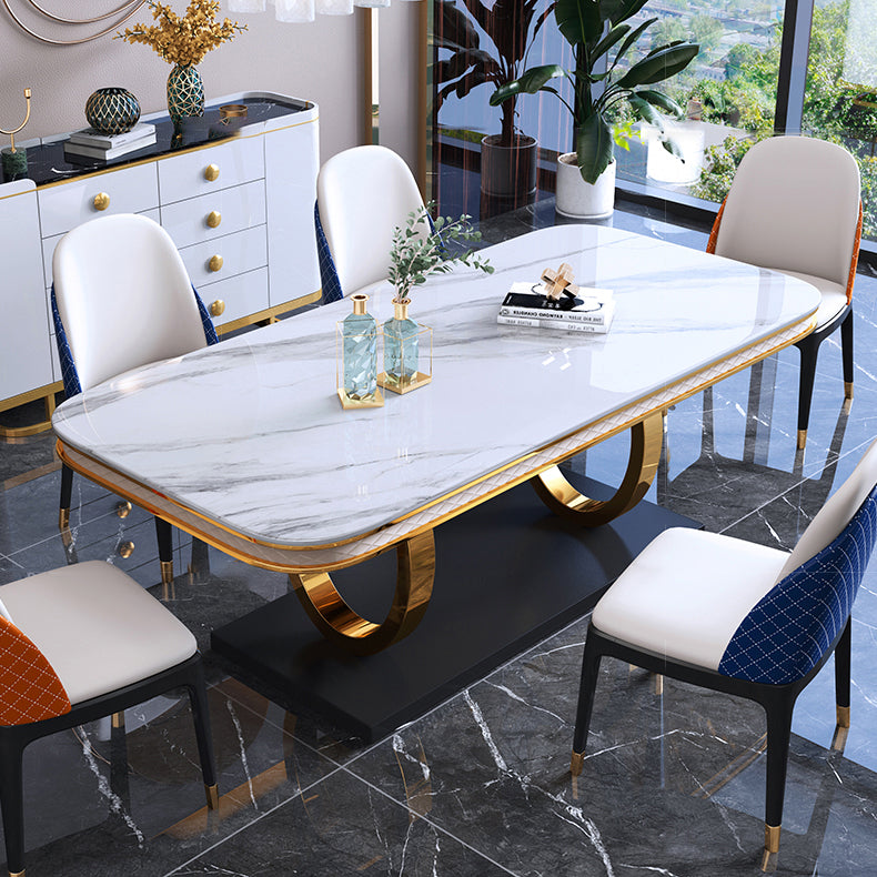 Traditional Luxury Rectangle Dining Table Sintered Stone Table with Gold Trestle Base