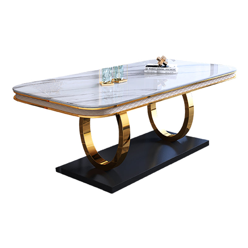Traditional Luxury Rectangle Dining Table Sintered Stone Table with Gold Trestle Base