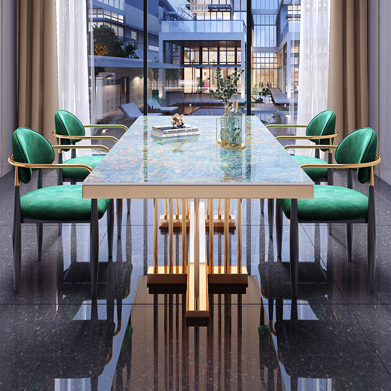 Luxe gesinterde stenen bovenste eettafel in blauwe rechthoektafel met gouden metalen voetstuk