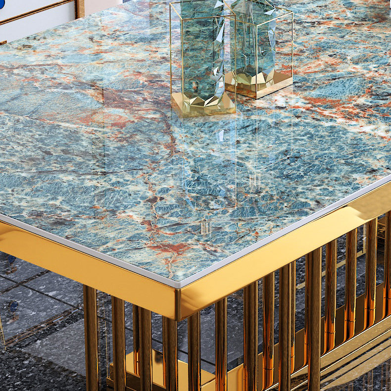 Luxe gesinterde stenen bovenste eettafel in blauwe rechthoektafel met gouden metalen voetstuk