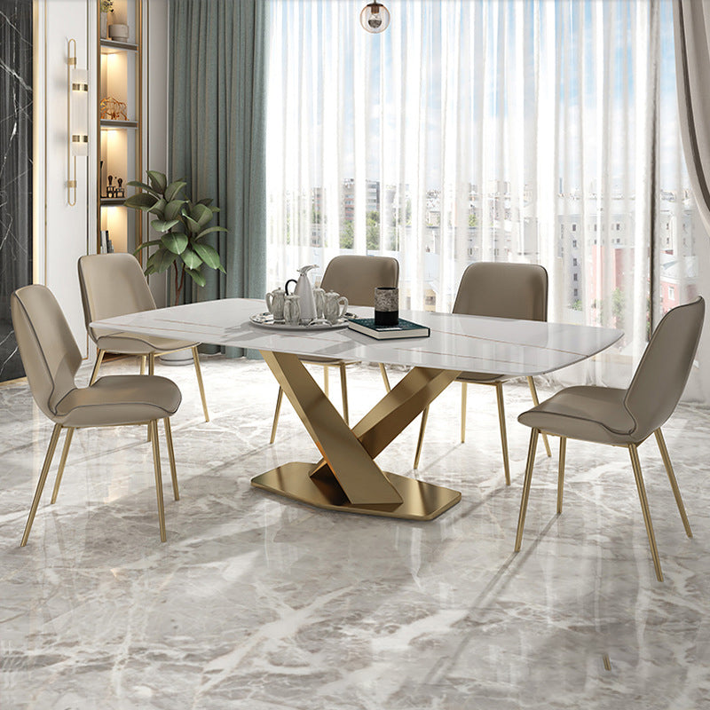 Mesa de comedor rectangular de lujo tradicional mesa de piedra sinterizada blanca con base de pedestal