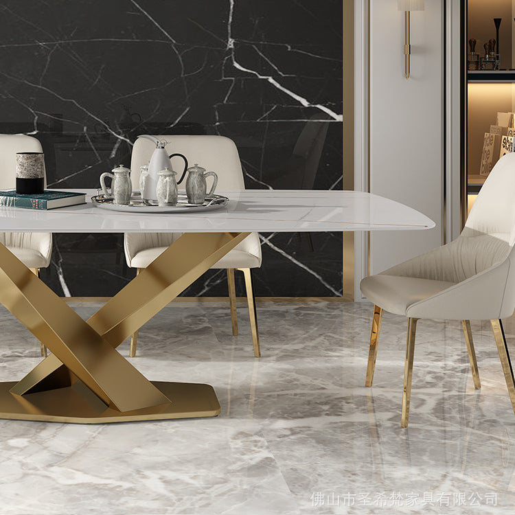 Mesa de comedor rectangular de lujo tradicional mesa de piedra sinterizada blanca con base de pedestal