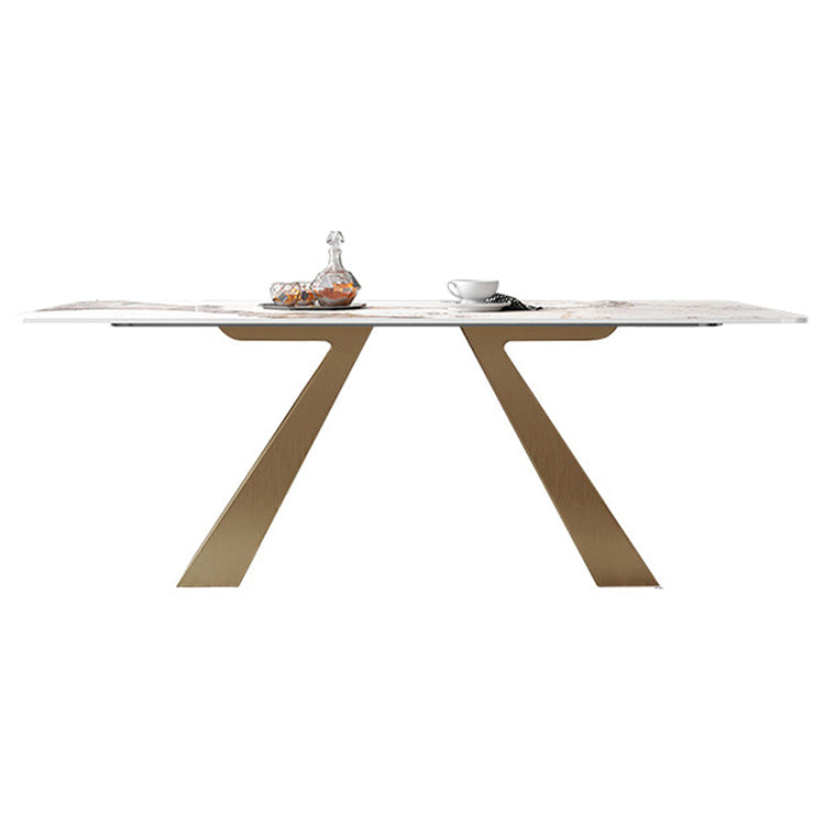 Mesa de comedor rectangular de lujo tradicional mesa sinterizada con pedestal doble dorado