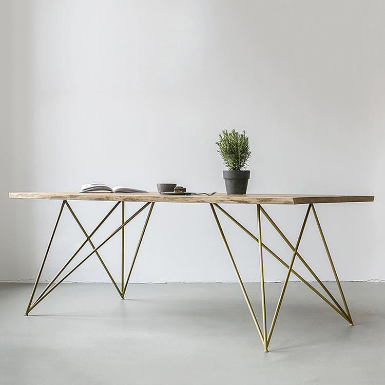 Mesa de comedor rectangular de lujo tradicional, mesa de madera maciza con 4 patas de metal