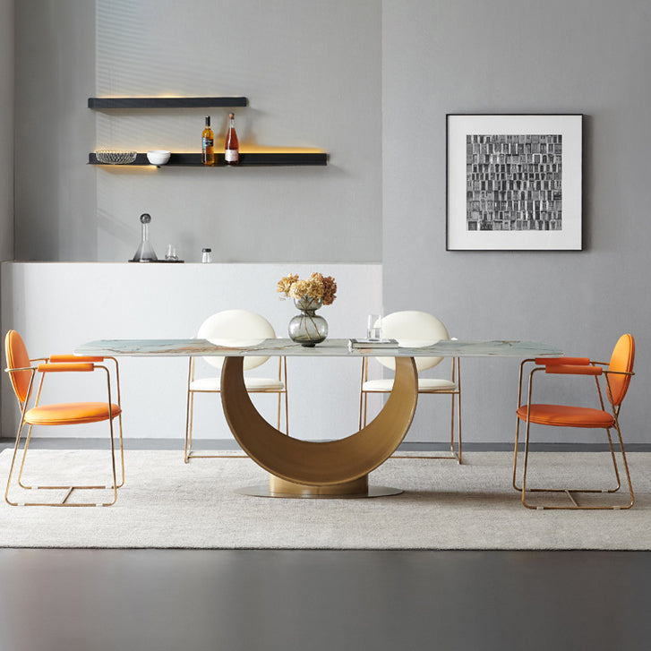 Mesa de comedor rectangular de lujo tradicional de metal Mesa de comedor de piedra sinterizada con pedestal