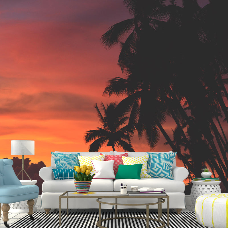 Tropical Palm Leaves Mural Soft Color Stain Resistant Wall Covering for Living Room