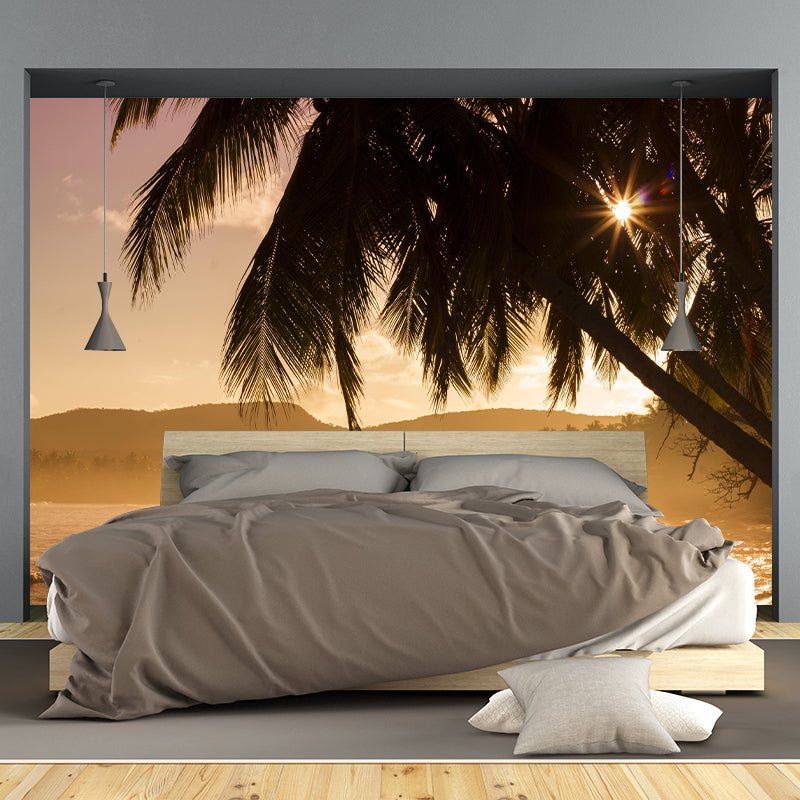 Tropical Palm Leaves Mural Soft Color Stain Resistant Wall Covering for Living Room