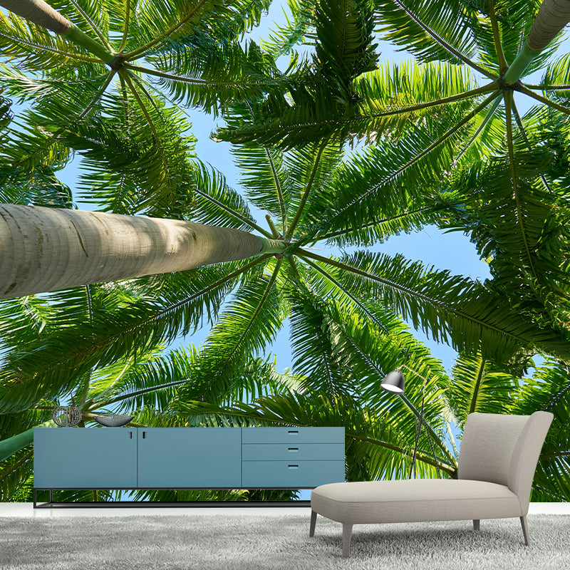 Tropical Palm Leaves Mural Soft Color Stain Resistant Wall Covering for Living Room