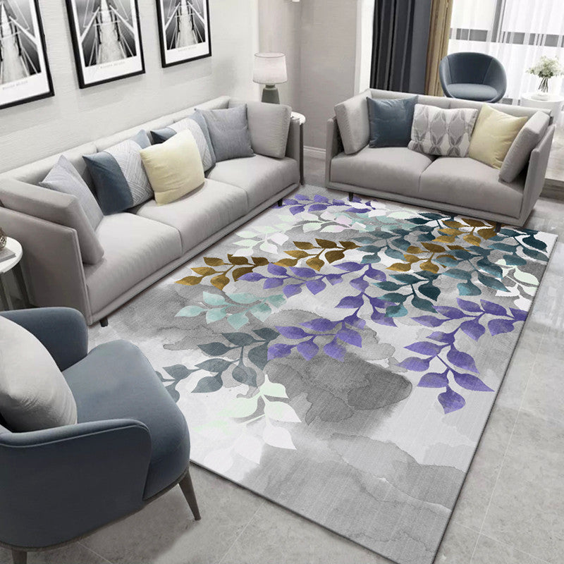 Blue Modern Rug Polyester Leaves Indoor Rug Non-Slip Backing Rug for Living Room