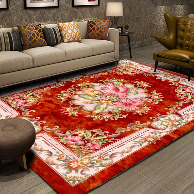 Red European Carpet Flower Pattern Polyester Area Rug Non-Slip Backing Rug for Home Decor