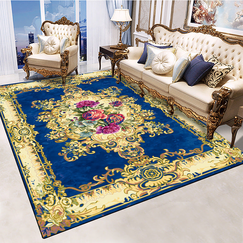 Red European Carpet Flower Pattern Polyester Area Rug Non-Slip Backing Rug for Home Decor