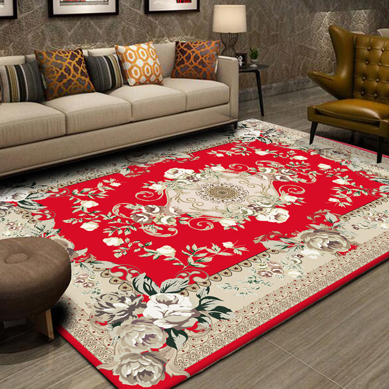 Red European Carpet Flower Pattern Polyester Area Rug Non-Slip Backing Rug for Home Decor