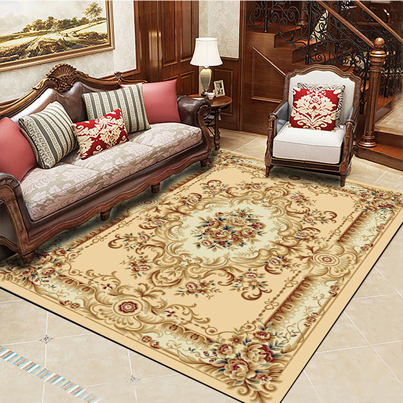 Red European Carpet Flower Pattern Polyester Area Rug Non-Slip Backing Rug for Home Decor