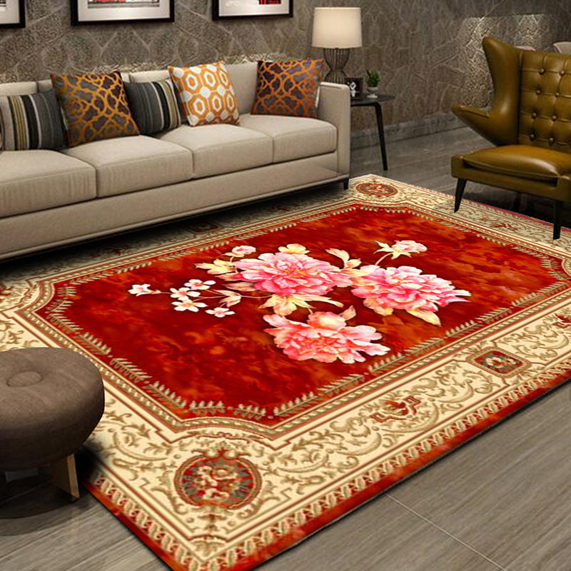 Red European Carpet Flower Pattern Polyester Area Rug Non-Slip Backing Rug for Home Decor