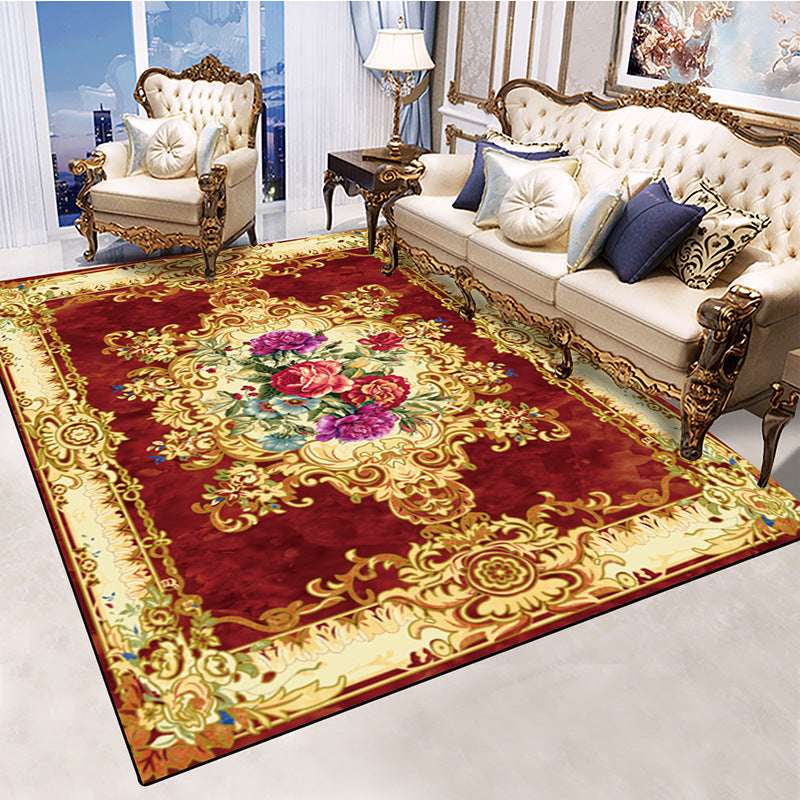 Red European Carpet Flower Pattern Polyester Area Rug Non-Slip Backing Rug for Home Decor