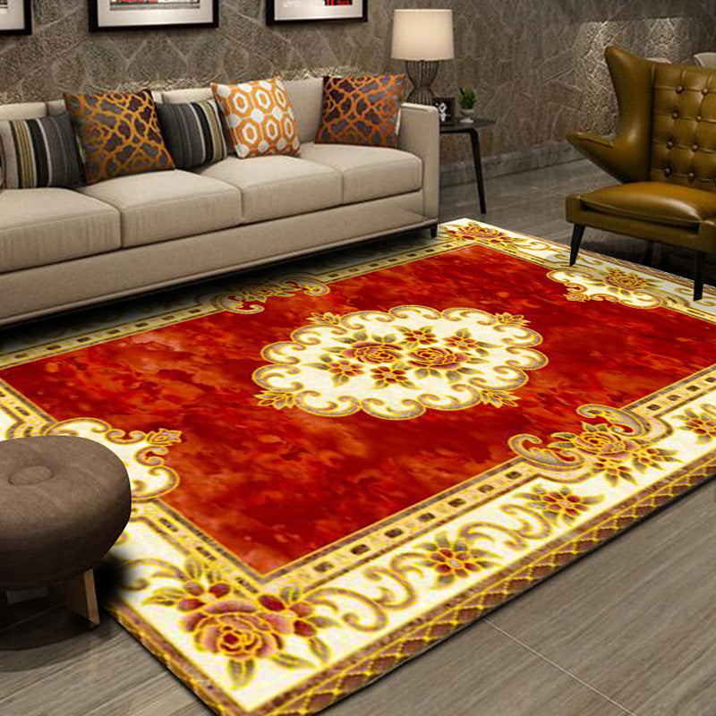 Red European Carpet Flower Pattern Polyester Area Rug Non-Slip Backing Rug for Home Decor