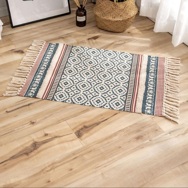 Bohemian Cotton Blend Area Carpet Tribal Print Indoor Rug Fringe Area Rug for Home Decor