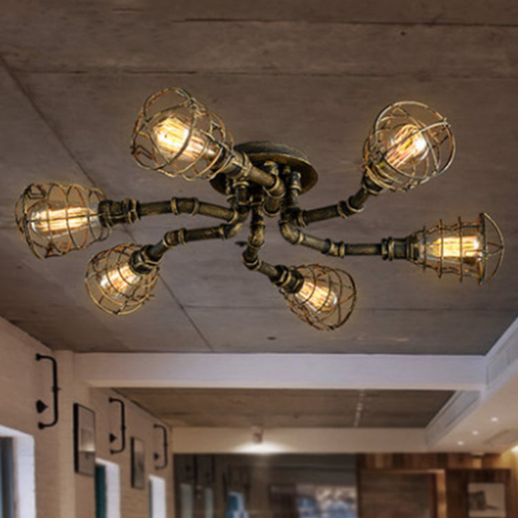 Industrial Retro Cage shape Ceiling Lamp Water Pipe Iron Flush Mount for Bar