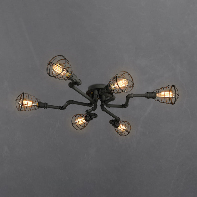 Industrial Retro Cage shape Ceiling Lamp Water Pipe Iron Flush Mount for Bar