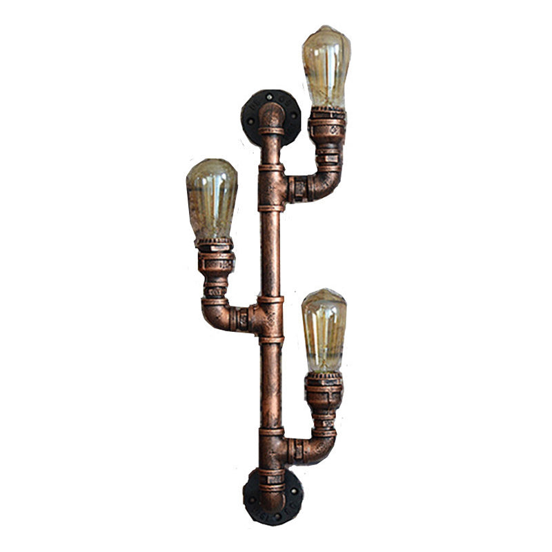Metal Water Pipe Wall Lighting Industrial Style 3 Lights Wall Mounted Light Fixture in Brown