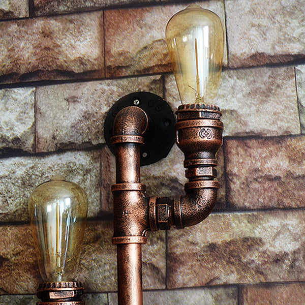 Metal Water Pipe Wall Lighting Industrial Style 3 Lights Wall Mounted Light Fixture in Brown