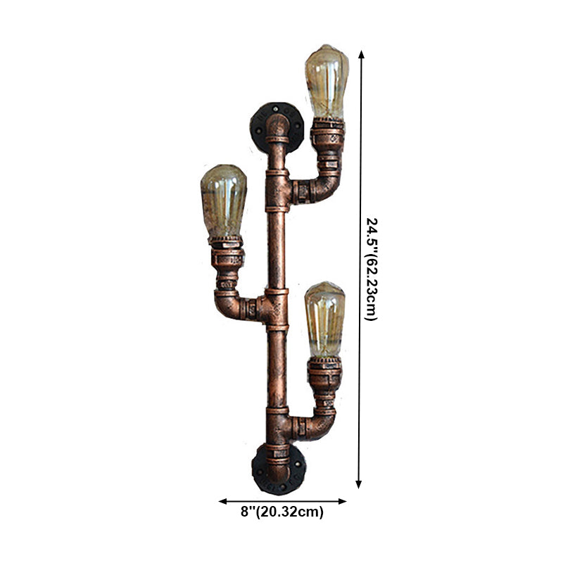 Metal Water Pipe Wall Lighting Industrial Style 3 Lights Wall Mounted Light Fixture in Brown