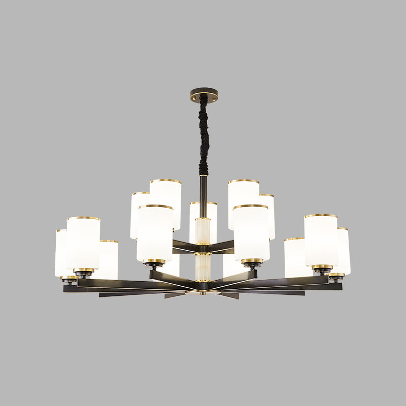 Modern Concise Pendant Light Metal Cylindrical Chandelier with Glass Shade