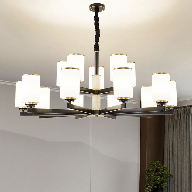 Modern Concise Pendant Light Metal Cylindrical Chandelier with Glass Shade