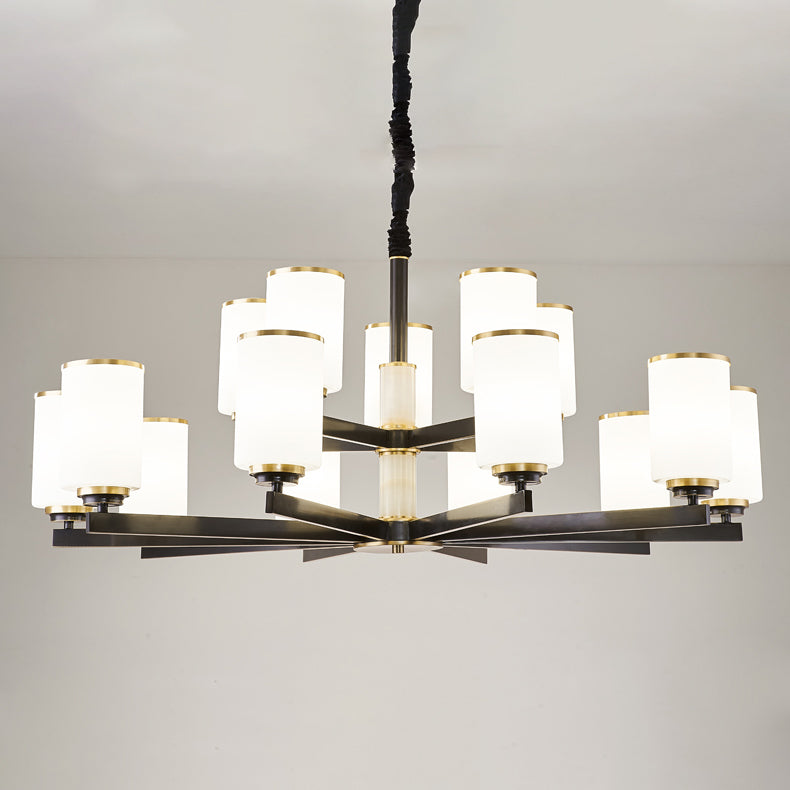 Modern Concise Pendant Light Metal Cylindrical Chandelier with Glass Shade