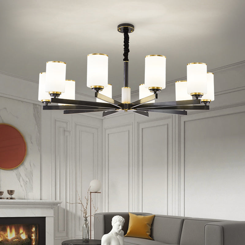 Modern Concise Pendant Light Metal Cylindrical Chandelier with Glass Shade