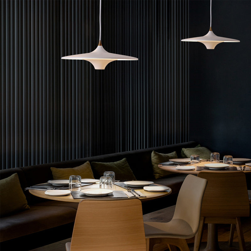 Moderne minimalistische LED -hangende lamp gelakte ijzeren schotel hanglamp met acrylschaduw