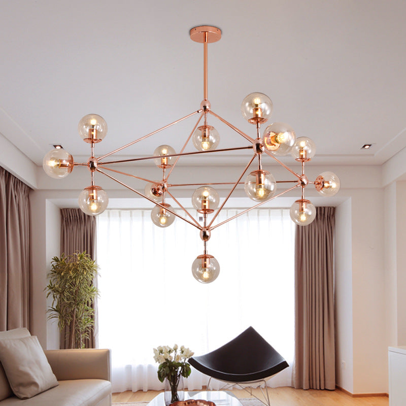 Postmodern Geometric Suspension Light Clear Glass Dining Room Chandelier in Rose Gold