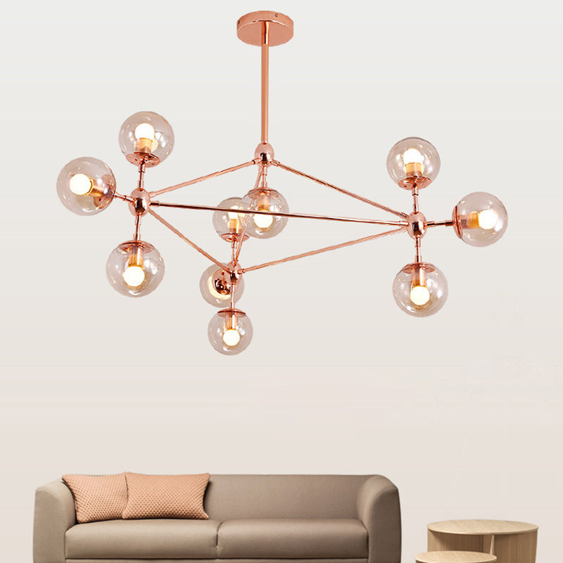 Postmodern Geometric Suspension Light Clear Glass Dining Room Chandelier in Rose Gold