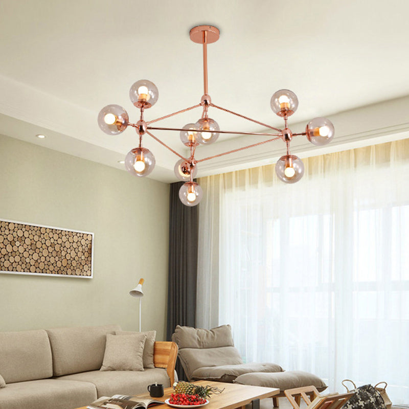 Postmodern Geometric Suspension Light Clear Glass Dining Room Chandelier in Rose Gold