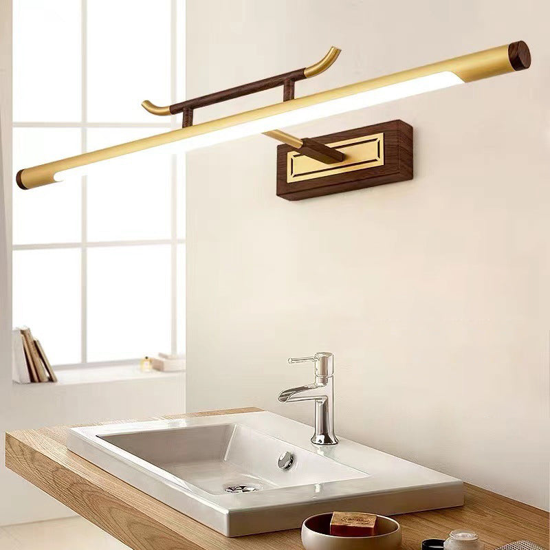 Brass Straight Mirror Light Chinese Style Single Light Wall Lamp for Bathroom