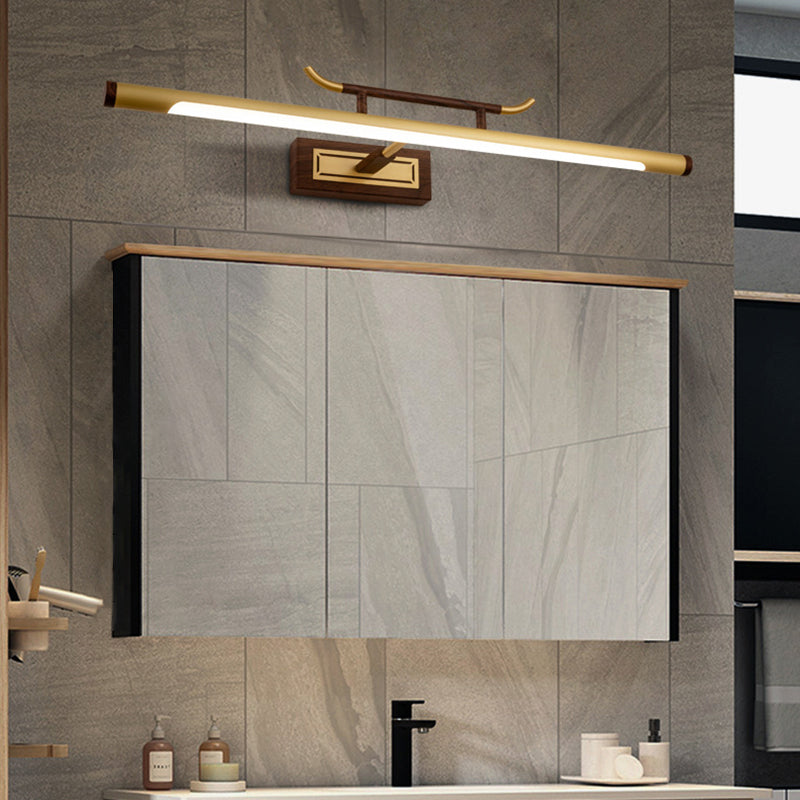 Brass Straight Mirror Light Chinese Style Single Light Wall Lamp for Bathroom