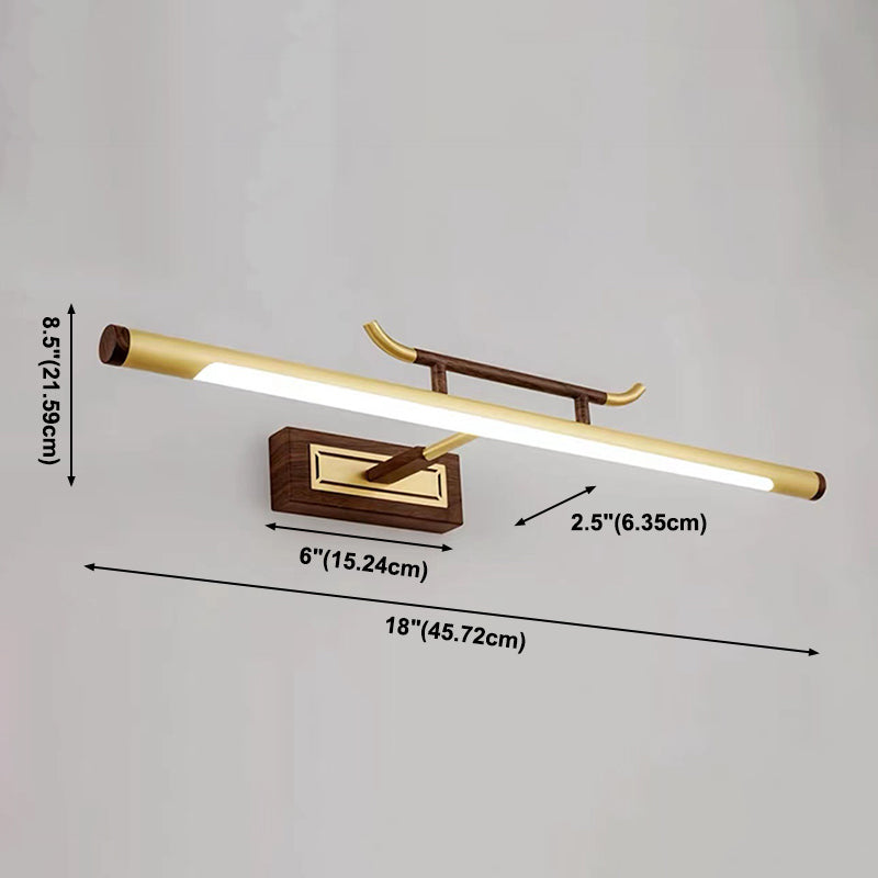 Brass Straight Mirror Light Chinese Style Single Light Wall Lamp for Bathroom