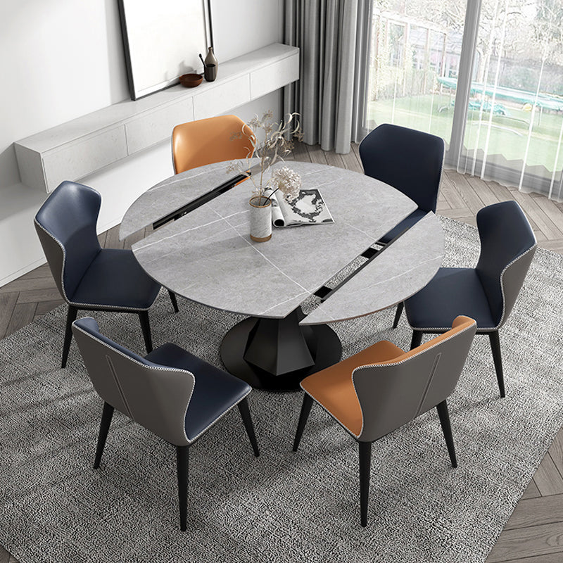 Extendable Round Dining Table Modern Sintered Stone Top Table with Black Pedestal