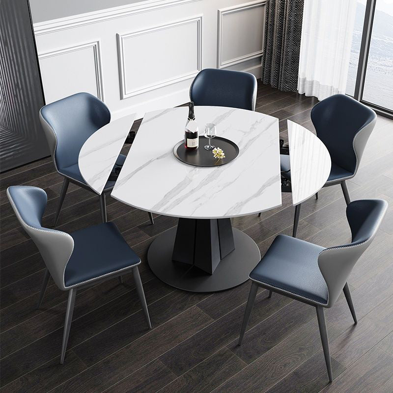 Extendable Round Dining Table Modern Sintered Stone Top Table with Black Pedestal
