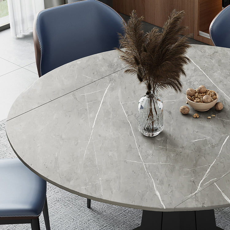 Extendable Round Dining Table Modern Sintered Stone Top Table with Black Pedestal