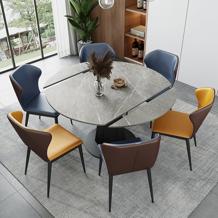 Extendable Round Dining Table Modern Sintered Stone Top Table with Black Pedestal