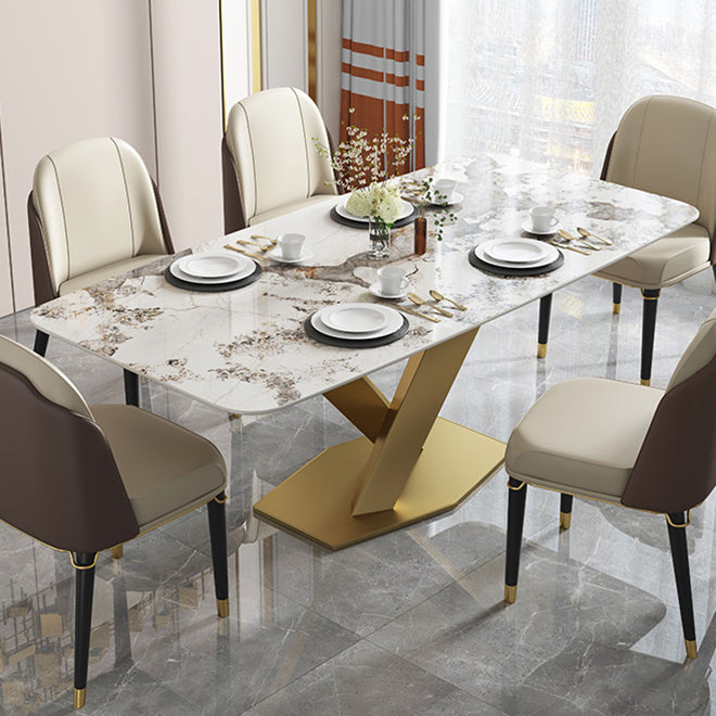 Rectangle Traditional Luxury Dining Table Grey Sintered Stone Table with Pedestal Base
