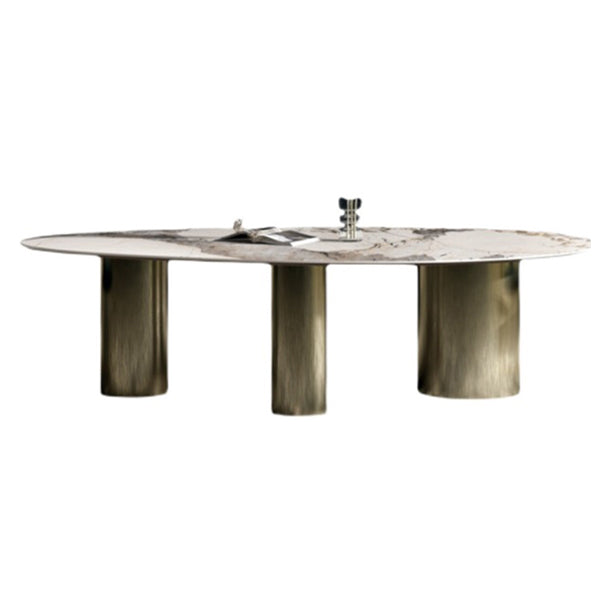 Oval Traditional Luxury Dining Table Sintered Stone Table with 3 Gold Legs