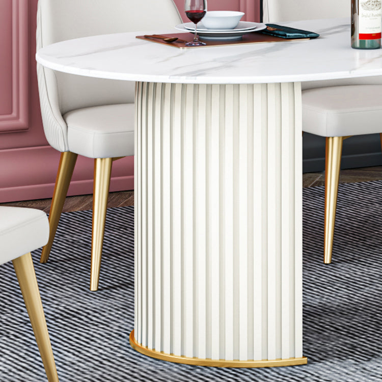 Ovaal gesinterde stenen eettafel moderne tafel in wit met metalen dubbele voetstukbasis