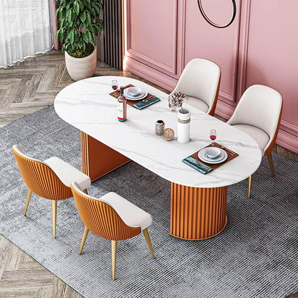Ovaal gesinterde stenen eettafel moderne tafel in wit met metalen dubbele voetstukbasis
