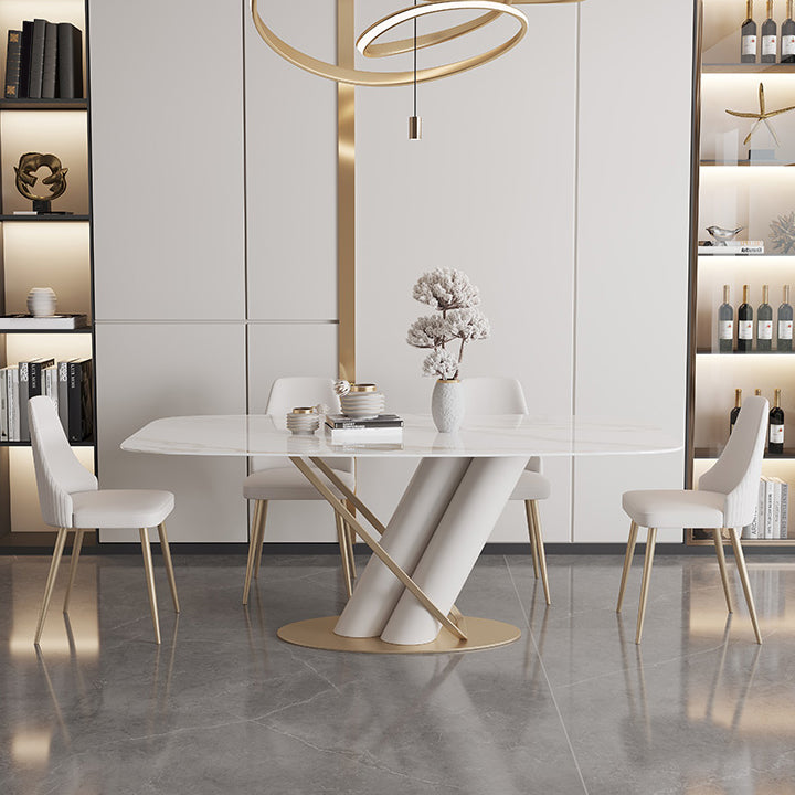 Rectangle Traditional Luxury Dining Table Sintered Stone Table with Pedestal Base